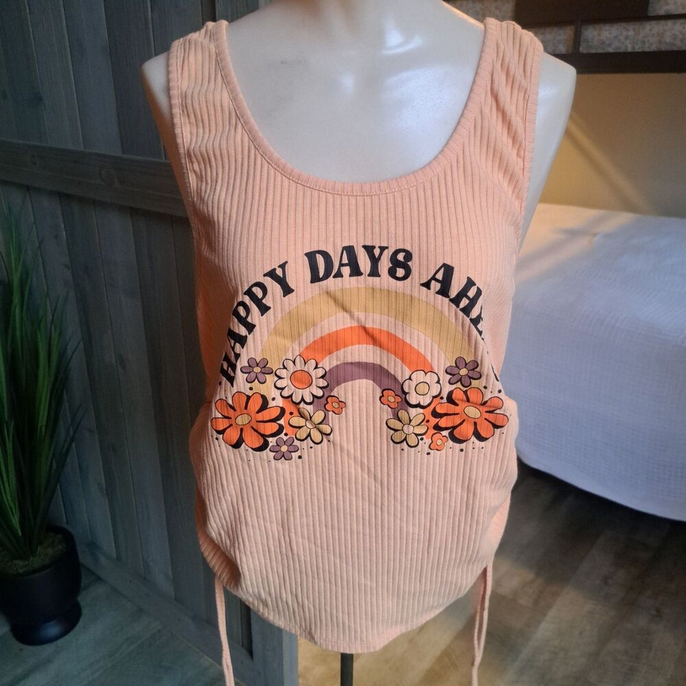 Zoe + Liv Happy Days Ahead Cinched Cropped Graphic Tank Top - Orange 1X Slim Fit
